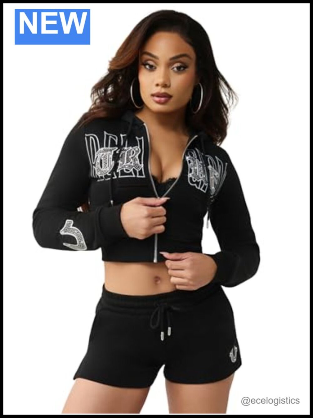 Women's Cropped Zip Hoodie Embroidered Horseshoe Graphic Cotton Blend